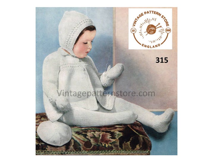 Baby Babies 30s DK round neck raglan matinee coat leginettes beret bonnet & mittens pram set pdf knitting pattern 22" to 24" Download 315