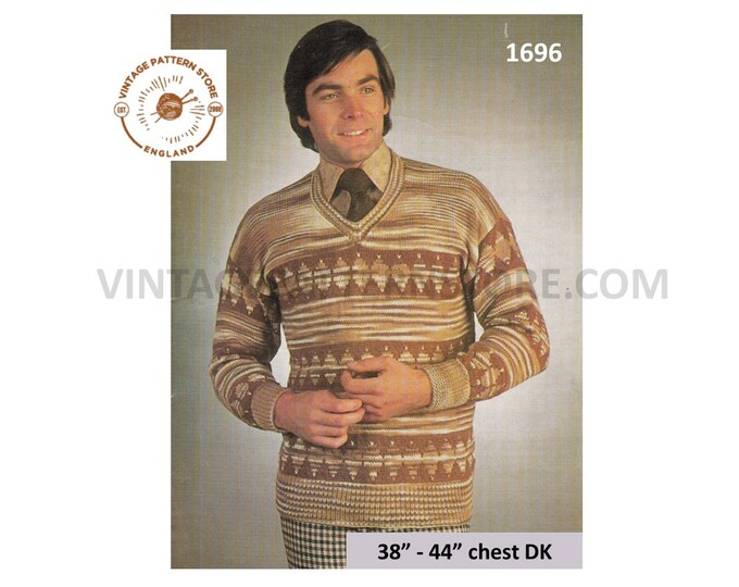 Mens Mans 70s vintage DK V neck fair isle raglan sweater jumper pullover pdf knitting pattern 38" to 44" chest Instant PDF Download 1696