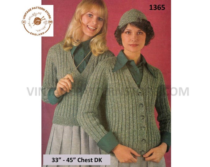Ladies Womens 70s vintage DK V neck rib ribbed raglan sweater jumper and cardigan pdf knitting pattern 33" to 45" chest PDF Download 1365