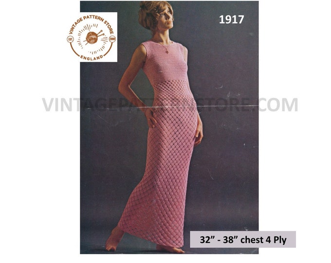 Womens Ladies 70s vintage 4 ply round neck long line sleeveless summer dress pdf crochet pattern 32" to 38" chest Instant PDF download 1917