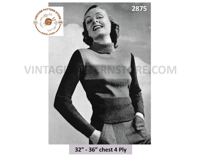 Ladies Womens 30s vintage 4 ply turtleneck polo neck striped deep welt raglan sweater jumper pdf knitting pattern 32" to 36" Download 2875