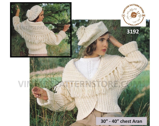 Ladies Womens 90s fringed shawl collar twist cable cabled dolman aran jacket pdf knitting pattern 30" to 40" chest Instant PDF download 3192