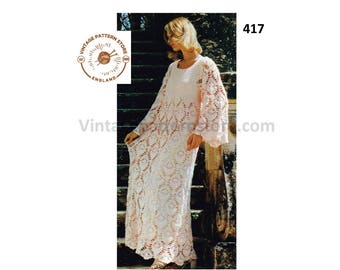 70s Crochet Maxi Dress Pattern, Lacy Kaftan, Flared Sleeves (PDF Pattern) 32-38" Chest