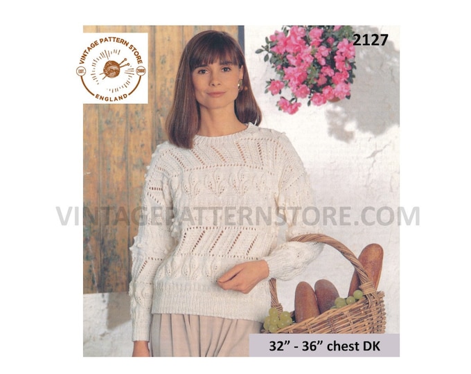 Ladies Womens 90s DK round neck lacy lace drop shoulder dolman sweater jumper pdf knitting pattern 32" to 36" chest Instant Download 2127