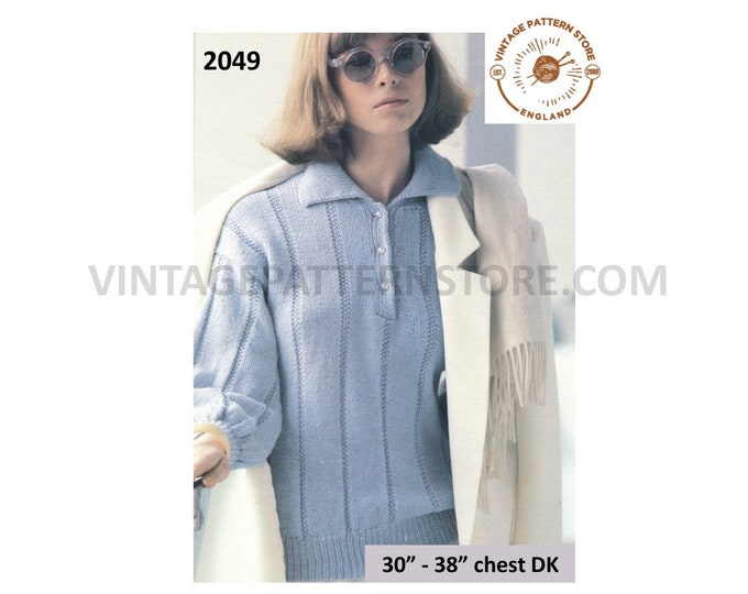 Ladies Womens 90s DK shirt neck collared drop shoulder dolman sweater jumper pdf knitting pattern 30" to 38" chest Instant PDF download 2049