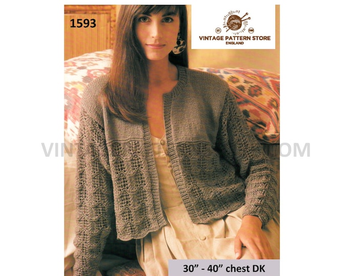 Ladies Womens 90s round neck lacy DK raglan bed jacket pdf knitting pattern 30" to 40" chest Instant PDF Download 1593