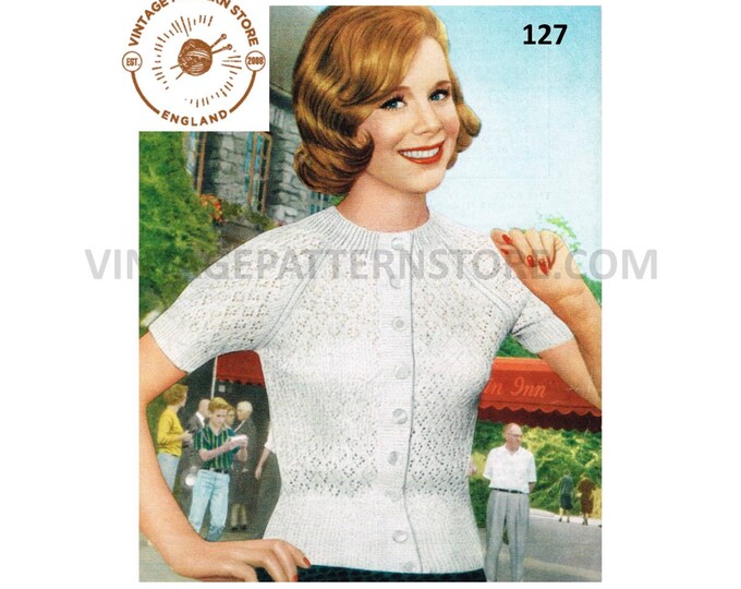 Ladies Womens 60s vintage 3 ply round neck lacy lace short sleeve raglan Summer cardigan pdf knitting pattern 34" to 36" chest Download 127