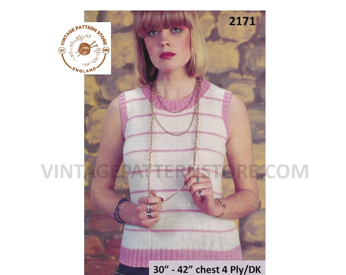 Ladies Womens 70s vintage 4 ply or DK round neck striped sleeveless slipover sweater vest pdf knitting pattern 30" to 42" download 2171