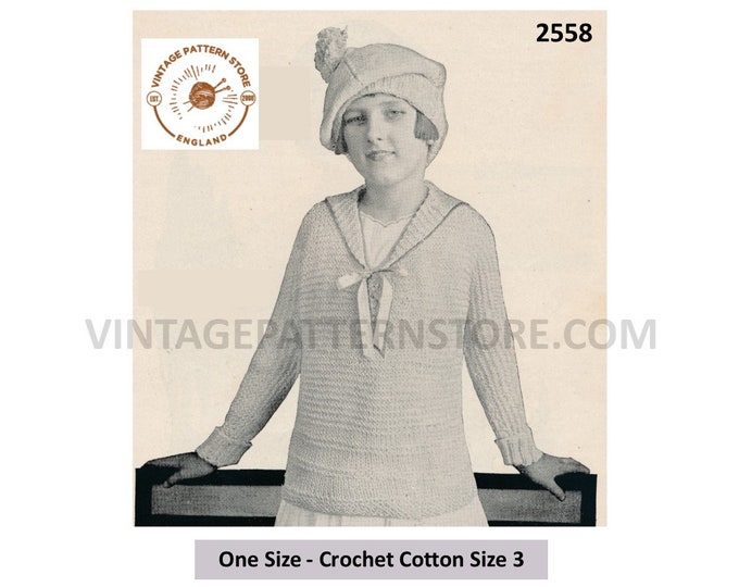 Girls vintage Edwardian shawl collar V neck raglan sweater jumper and tam o shanter hat pdf knitting pattern Instant PDF download 2558