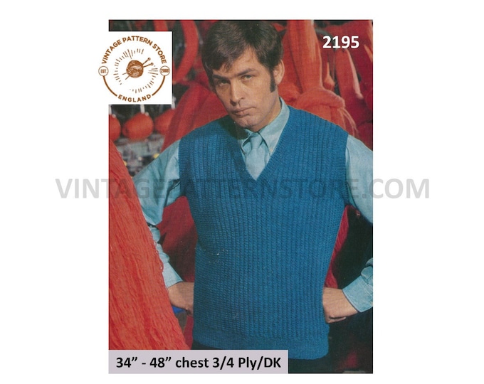 Mens Mans 70s vintage easy to knit V neck DK 3 ply or 4 ply rib ribbed tank top sweater vest pdf knitting pattern 34" to 48" download 2195