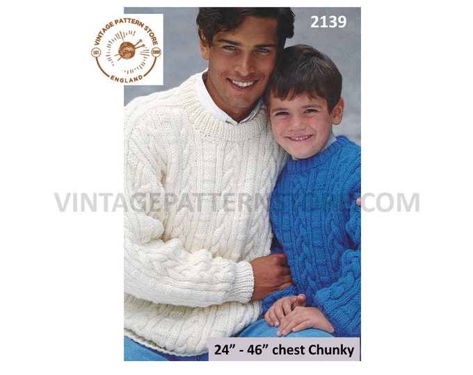 Mens Mans Boys 90s crew neck chunky knit cable cabled drop shoulder raglan sweater jumper pdf knitting pattern 26" to 46" Download 2139