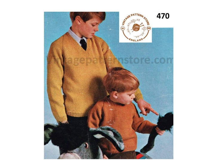 Toddlers Boys 80s vintage easy to knit plain and simple V or crew neck DK raglan sweater jumper pdf knitting pattern 22" to 32" Download 470