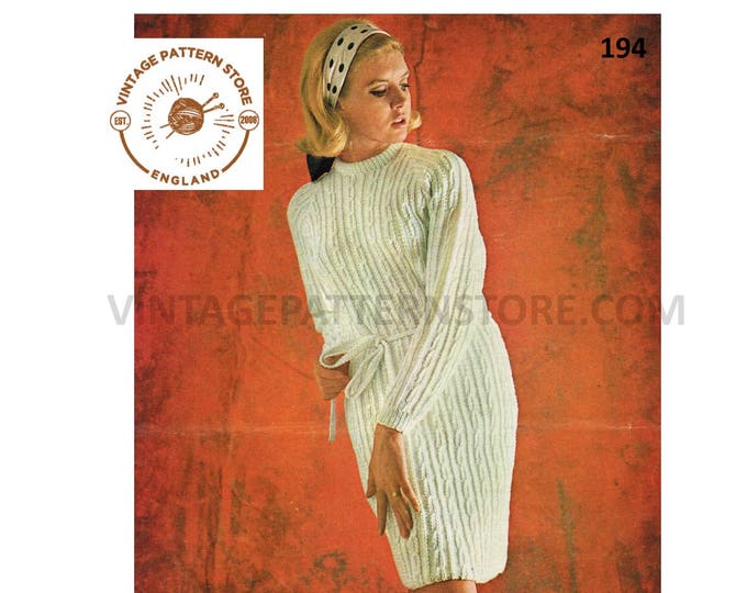 Ladies Womens 80s vintage round neck cable cabled belted DK raglan sweater dress pdf knitting pattern 34" to 38" chest PDF Download 194