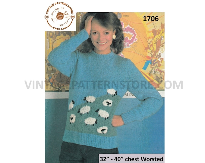 Ladies Womens 80s worsted round or polo neck sheep intarsia novelty raglan sweater jumper pdf knitting pattern 32" to 40" Download 1706