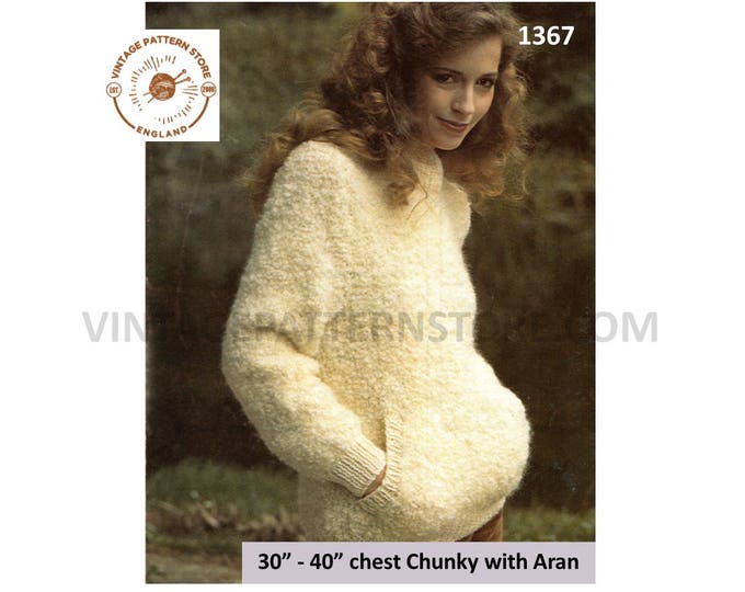 Ladies Womens 70s vintage crew neck slouchy aran sweater jumper with kangaroo pocket pdf knitting pattern 30" to 40" chest PDF Download 1367