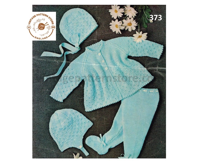 Baby Babies 80s vintage DK pram set picot lace lacy matinee coat jacket leggings and bonnet pdf knitting pattern 18" to 20" PDF download 373