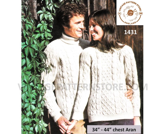 Ladies Womens Mens 70s vintage crew or polo neck cable cabled raglan aran sweater jumper pdf knitting pattern 34" to 44" PDF Download 1431