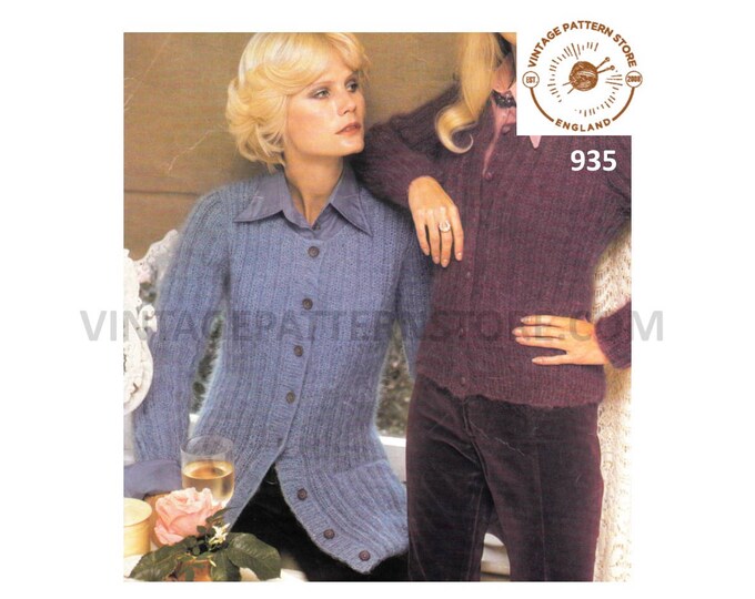 Ladies Womens 70s vintage long and short easy to knit collared ribbed raglan mohair cardigan pdf knitting pattern 32" to 38" Download 935