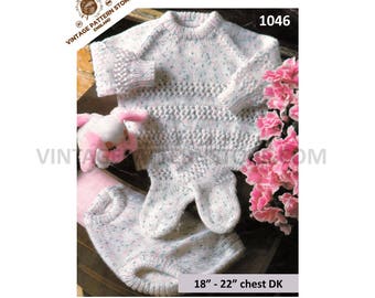 Baby Babies 80s DK round neck lacy lace panel raglan sweater jumper pilch pants & socks pdf knitting pattern 18" to 22" chest Download 1046