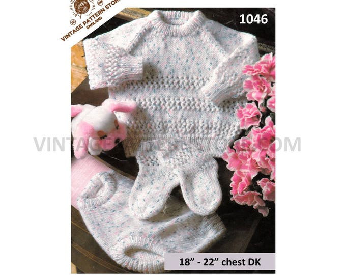 Baby Babies 80s DK round neck lacy lace panel raglan sweater jumper pilch pants & socks pdf knitting pattern 18" to 22" chest Download 1046