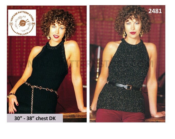 Ladies Womens 90s DK halter neck sleeveless slipover evening top pdf knitting pattern 30" to 38" chest Instant PDF download 2481