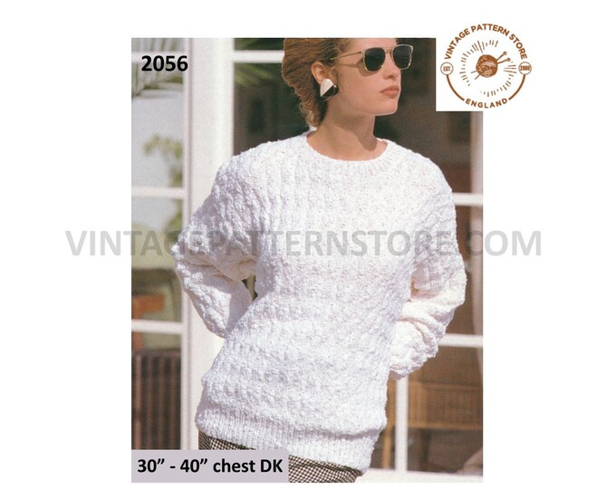 Ladies Womens 90s DK round neck cable cabled drop shoulder dolman sweater jumper pdf knitting pattern 30" to 40" chest PDF Download 2056