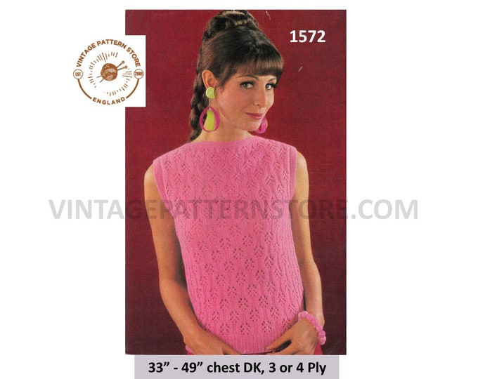 Ladies Womens 60s slash neck cable and lace DK 3 & 4 ply slipover sweater vest summer top pdf knitting pattern 33" to 49" Download 1572