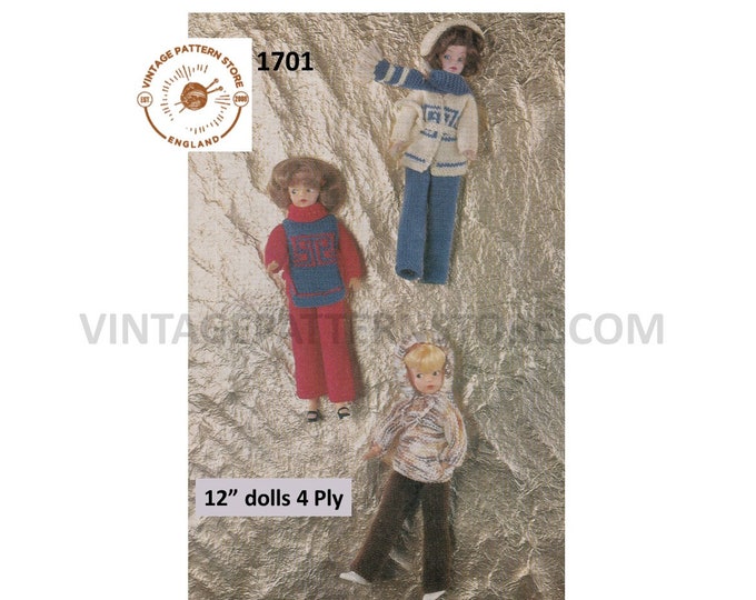 70s Vintage 12" fashion doll Barbie Sindy 4 ply dolls clothes pdf knitting pattern 3 outfits to knit Instant PDF Download 1701