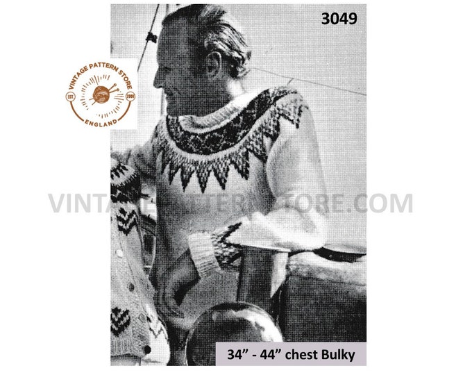 Mens fair isle sweater knitting pattern, Mens 80s chunky knit fair isle yoke Icelandic sweater pattern - 34" - 44" chest - PDF Download 3049