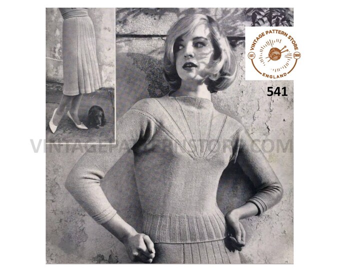 Ladies Womens 50s vintage 4 ply yoked raglan sweater jumper & long line skirt pdf knitting pattern 33" to 38" PDF download 541