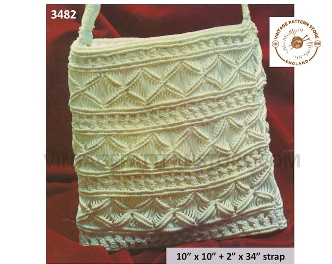 80s vintage macrame tote shoulder bag purse pdf macrame pattern 10" by 10" plus strap Instant PDF download 3482