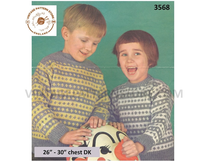 Girls Boys 50s round & slash neck fair isle banded raglan DK sweater jumper pullover pdf knitting pattern 26" to 30" chest PDF download 3568