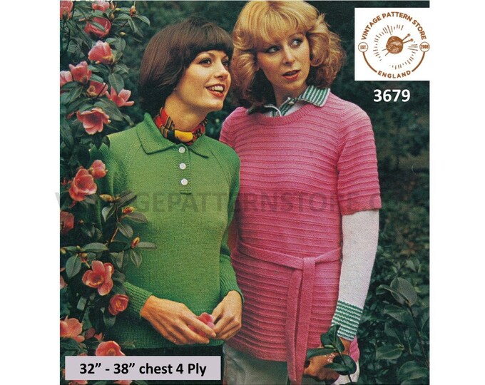 Ladies Womens 80s 4 ply ribbed short sleeve belted tunic sweater and shirt neck jumper pdf knitting pattern 32" to 38" chest download 3679