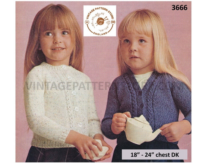 Girls Toddlers 70s vintage V and round neck cabled cable edge raglan cardigan pdf knitting pattern 18" to 24" Instant PDF download 3666