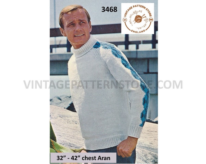 Mens Mans 60s vintage 4 ply or aran polo neck diamond intarsia raglan sweater jumper pdf knitting pattern 32" to 42" Instant Download 3468