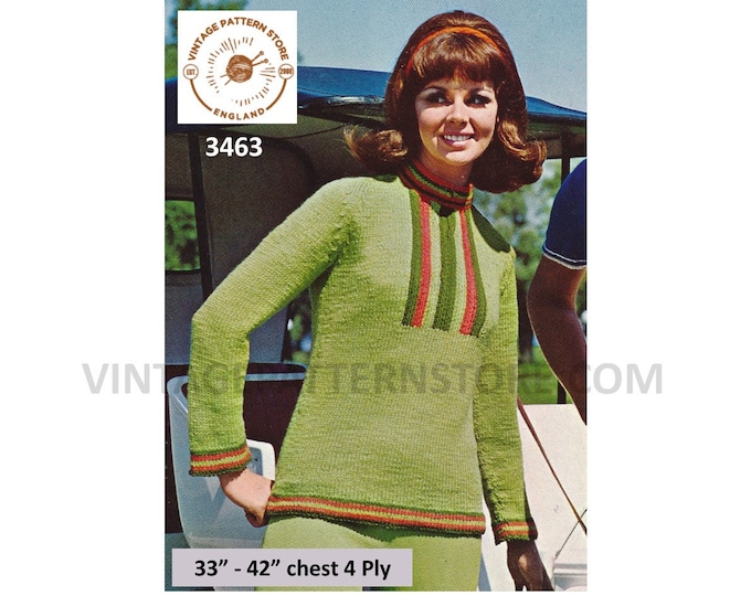 Ladies Womens 60s vintage 4 ply round neck striped yoke yoked raglan sweater jumper pdf knitting pattern 33" to 42" PDF Download 3463