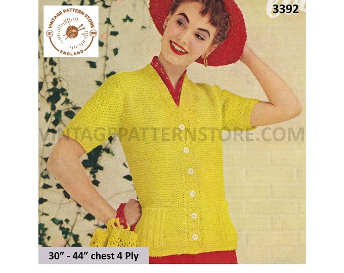 Ladies Womens 50s vintage 4 ply V neck short sleeve raglan summer cardigan pdf knitting pattern 30" to 44" chest Instant PDF download 3392