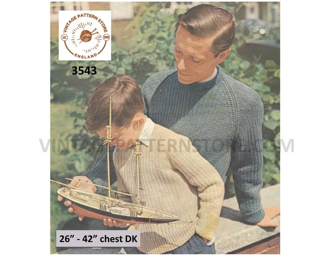 Mans Mens Boys 50s vintage round neck easy to knit DK raglan rib ribbed sweater jumnper pdf knitting pattern 26" to 42" chest Download 3543