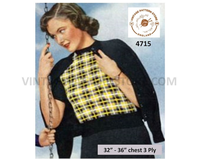 Womens 50s vintage 3 ply round neck Scottish tartan fair isle short sleeve raglan sweater pdf knitting pattern 32" to 36" Download 4715