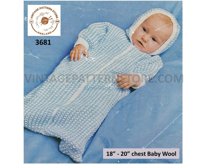 Baby Babies 80s vintage zipped hooded sleeping bag sleep sack pdf knitting pattern 18" to 20" chest PDF download 3681