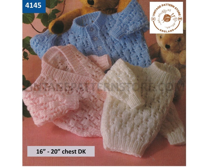 Baby Babies 90s round or V neck lacy raglan DK cardigan & round neck sweater jumper pdf knitting pattern 16" to 22" chest PDF Download 4145