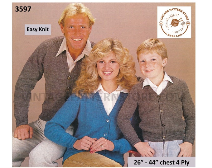 Ladies Mens Boys Girls 80s Family plain and simple easy to knit 4 ply V neck raglan cardigan pdf knitting pattern 26" to 44" Download 3597