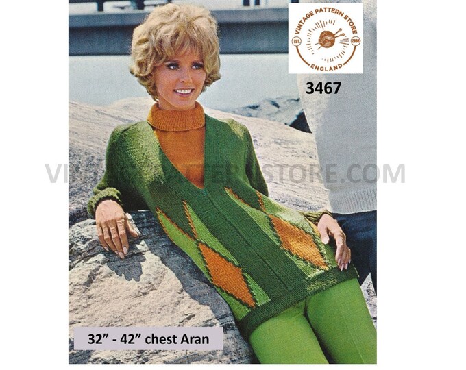 Ladies Womens 60s vintage 4 ply or aran V neck zipper & diamond intarsia sweater jumper pdf knitting pattern 32" to 42" PDF download 3467