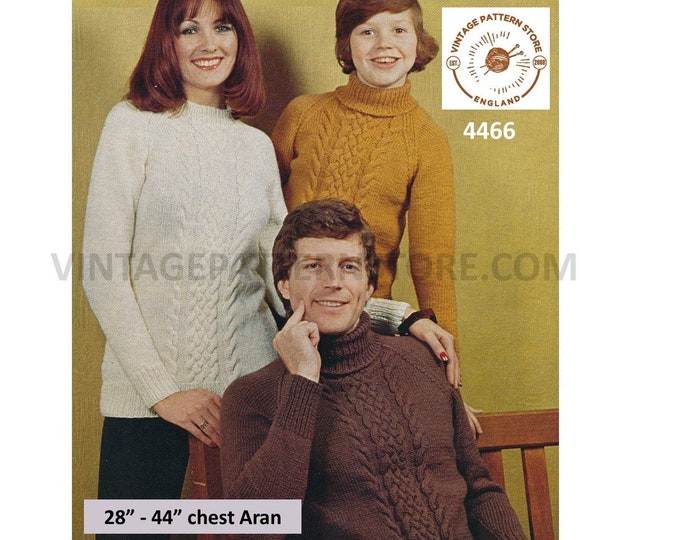 Womens Mens Boys Girls Family polo or round neck cable panel raglan aran sweater jumper pdf knitting pattern 28" to 44" PDF Download 4466