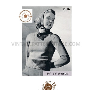 Ladies Womens 30s vintage DK crossover button collar 2 colour welt raglan sweater jumper pdf knitting pattern 34" to 38" Download 2876