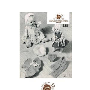 May include: Vintage knitting pattern for doll clothes. The pattern includes instructions for a dress, coat, bonnet, and shoes. The pattern is designed by Kay and is number 325.