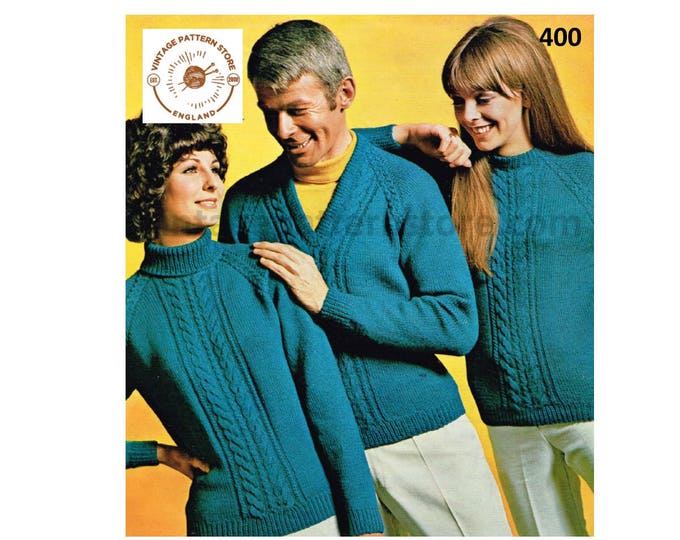 Ladies Womens Mens Mans 80s vintage polo crew or V neck cable cabled DK raglan sweater jumper pdf knitting pattern 36" to 46" Download 400