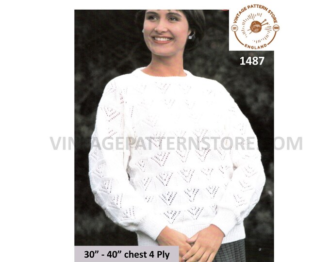 Ladies Womens 90s 4 ply round neck lacy drop shoulder dolman sweater jumper pullover pdf knitting pattern 30" to 40" chest PDF Download 1487