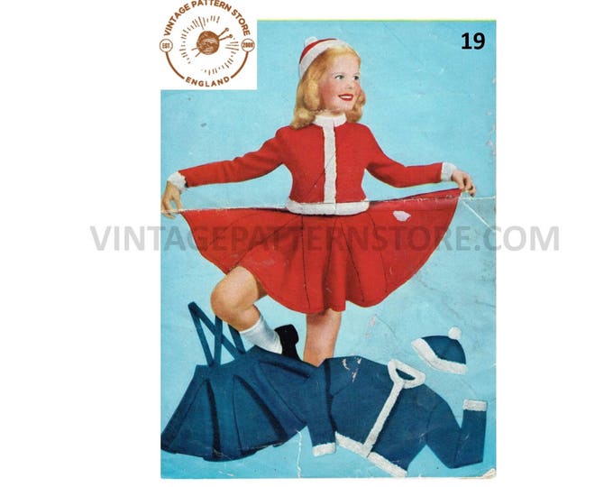 Girls 50s vintage 3 ply Ice skating outfit with raglan jacket hat & pirouette skirt pdf knitting pattern age 6 to 8 Instant PDF Download 19
