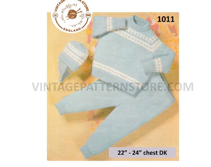 Baby Babies Toddlers DK pram set fair isle banded raglan sweater jumper trousers and helmet pdf knitting pattern 22" to 24" Download 1011